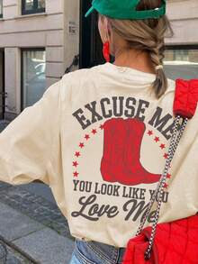 女士夏季街头红色靴子图案个性化印花圆领T恤，西部风格上衣 - 杏色 - 查看 6