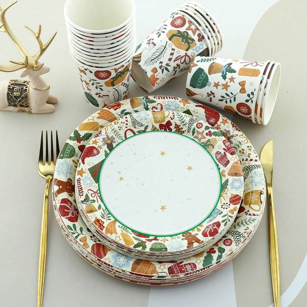 60pcs/Set Christmas Elements Happy Christmas Theme Party Tableware Set, Includes 9-Inch, 7-Inch Paper Plates, Dessert Plates, Paper Cups