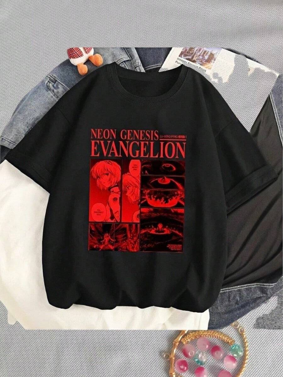 2025 New Ayanami-Rei Graphic T-Shirt Anime New Century-EvangelionS Printed T Shirt Summer Women Casual Short Sleeves Streetwear Tshirt - 黑色 - 查看 1