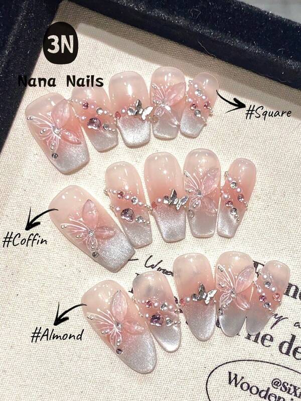 1Package/10pcs Pink Cat Eye French 3D Butterfly Pearl Crushed Diamond Hand Acrylic Press On Nails, Gentle Sweet Short Coffin & Long Almond Full Cover Fake Nails Valentine's Day Nails, Wedding Bride Wears Nails, With Jelly Glue And Nail File, Home DIY Nail Art Supplies