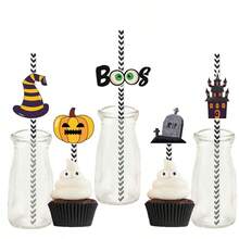 24 Counts Halloween Paper Straws,12 Accessory Patterns,Suitable For Family Gatherings, Holiday Parties And Daily Use