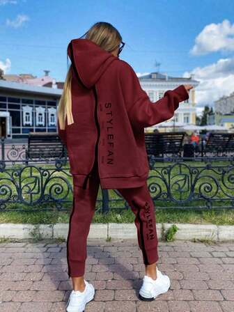 女士时尚前后拉链字母印花宽松长款西装套装