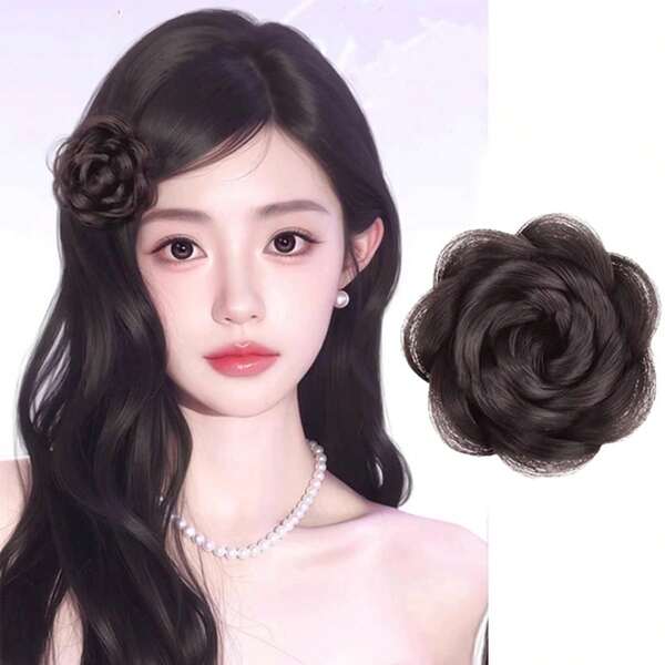 Perücke mit Rosenblüten Dutt Frisur für Frauen mit koreanischen Blumen Haarspangen, die eine sommerliche Atmosphäre mit seitlich gescheitelter Perücke schaffen