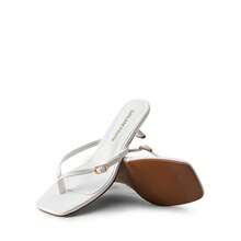 Women Comfortable Kitten Heel Thong Heeled Sandals Fashion Square Open Toe Slip On Casual Slides - 白色 - 查看 4