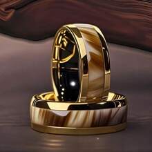1pc Fashion 8mm Men Gold Color Stainless Steel Rings Inlay Brown Wood Rings For Men Women Wedding Engagement Band Jewelry Gift