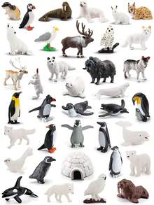 北极动物模型、迷你极地动物玩具雕像和野生沙漠动物雕像玩具套装，包含企鹅、驯鹿、熊、狼、野兔、白鲸、虎鲸、海象、雪鸮、麝牛、猞猁等，逼真的手绘野生动物模型，适用于返校立体模型项目，塑料北极苔原微型益智玩具，万圣节、圣诞节装饰蛋糕装饰，生日复活节礼物，适合男孩女孩