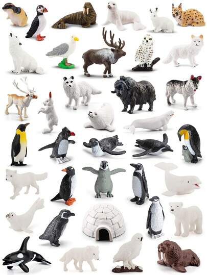 北极动物模型、迷你极地动物玩具雕像和野生沙漠动物雕像玩具套装，包含企鹅、驯鹿、熊、狼、野兔、白鲸、虎鲸、海象、雪鸮、麝牛、猞猁等，逼真的手绘野生动物模型，适用于返校立体模型项目，塑料北极苔原微型益智玩具，万圣节、圣诞节装饰蛋糕装饰，生日复活节礼物，适合男孩女孩