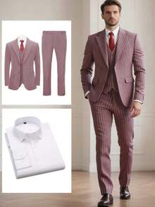 4pcs Men Suit Blazer Jacket Vest Pants Shirt, Closure Collar Two Button Pinstripe Men Elegant Attire For Wedding Banquet Dinner Various Formal Occasions - 藕粉色 - 查看 1