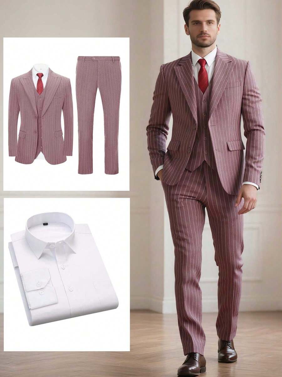 4pcs Men Suit Blazer Jacket Vest Pants Shirt, Closure Collar Two Button Pinstripe Men Elegant Attire For Wedding Banquet Dinner Various Formal Occasions - 藕粉色 - 查看 1