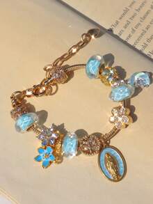 1pc Religious Virgin Mary Charm Bracelet, 1pc Religious Crescent Moon Bracelet, 1pc Fashionable Blue Sakura DIY Bracelet, 1pc Fashionable Heart Tree Of Life Bracelet - Gold - View 9