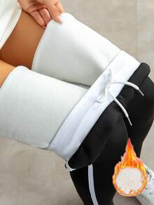 Leggings femininas com forro térmico e cordão, meia-calça térmica com listras laterais, calças de ioga quentes de cintura alta para o inverno, calças leggings térmicas de veludo grosso e elástico com forro térmico para o inverno, meia-calça elástica de cintura alta - Preto - Ver 4