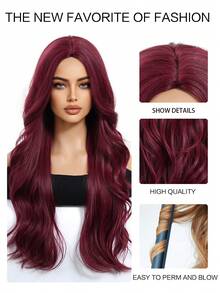 28 Inch Burgundy Long Curly Wig, Middle Part Synthetic Wig, Long Straight Synthetic Wig, Heat Resistant Fiber Full Machine Wefted Wig, Cosplay Party Wig, Fashionable Women - Burgundy - View 7
