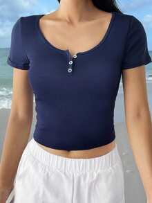 Y2K风格性感修身纯色圆领短袖T恤，适合女性穿着，可用于返校、海滩旅行和休闲场合。 - 藏蓝色 - 查看 5
