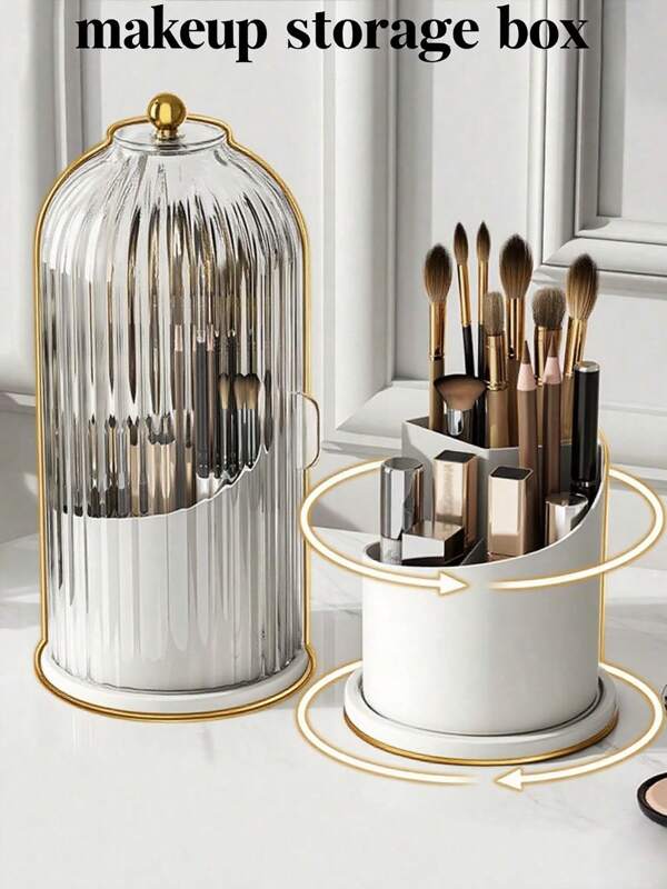 1PC 360° Rotating Makeup Brush Holder (With Transparent Cover), Desktop Makeup Brush Storage Box, Dust-Proof, Moisture-Proof, Desktop Makeup Brush Storage Cup, Cosmetic Protection Box, Rotatable, Three Colors, Cosmetic Display Stand, Dust-Proof Compartment Cosmetic Storage Tube,