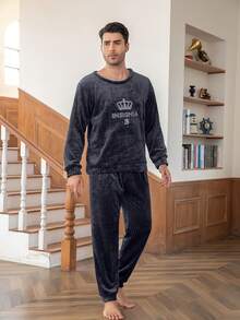 Bộ đồ ngủ nam đơn giản, bộ đồ ngủ bằng vải flannel ấm áp gồm áo dài tay rộng và quần rộng, thích hợp cho mùa thu/đông. - Màu xám đen - Xem 5