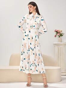 Women's Elegant Long Sleeve V-Neck Fashion Pleated Ruffle Collar Tie Waist Dress, Casual Wear