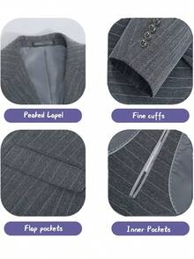 4pcs Men Suit Blazer Jacket Vest Pants Shirt, Closure Collar Two Button Pinstripe Men Elegant Attire For Wedding Banquet Dinner Various Formal Occasions - Màu xám đen - Xem 5