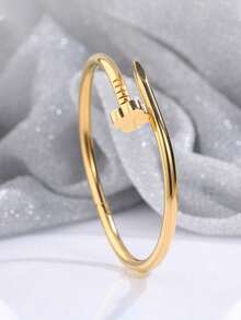 1pc Stainless Steel Artificial Stone Bracelet For Men, Non-Fading Elliptical, 18k Gold Plated Cubic Zirconia Flower Bracelet, Designer Jewelry, Gift For Teenagers - Gold Nails - View 2