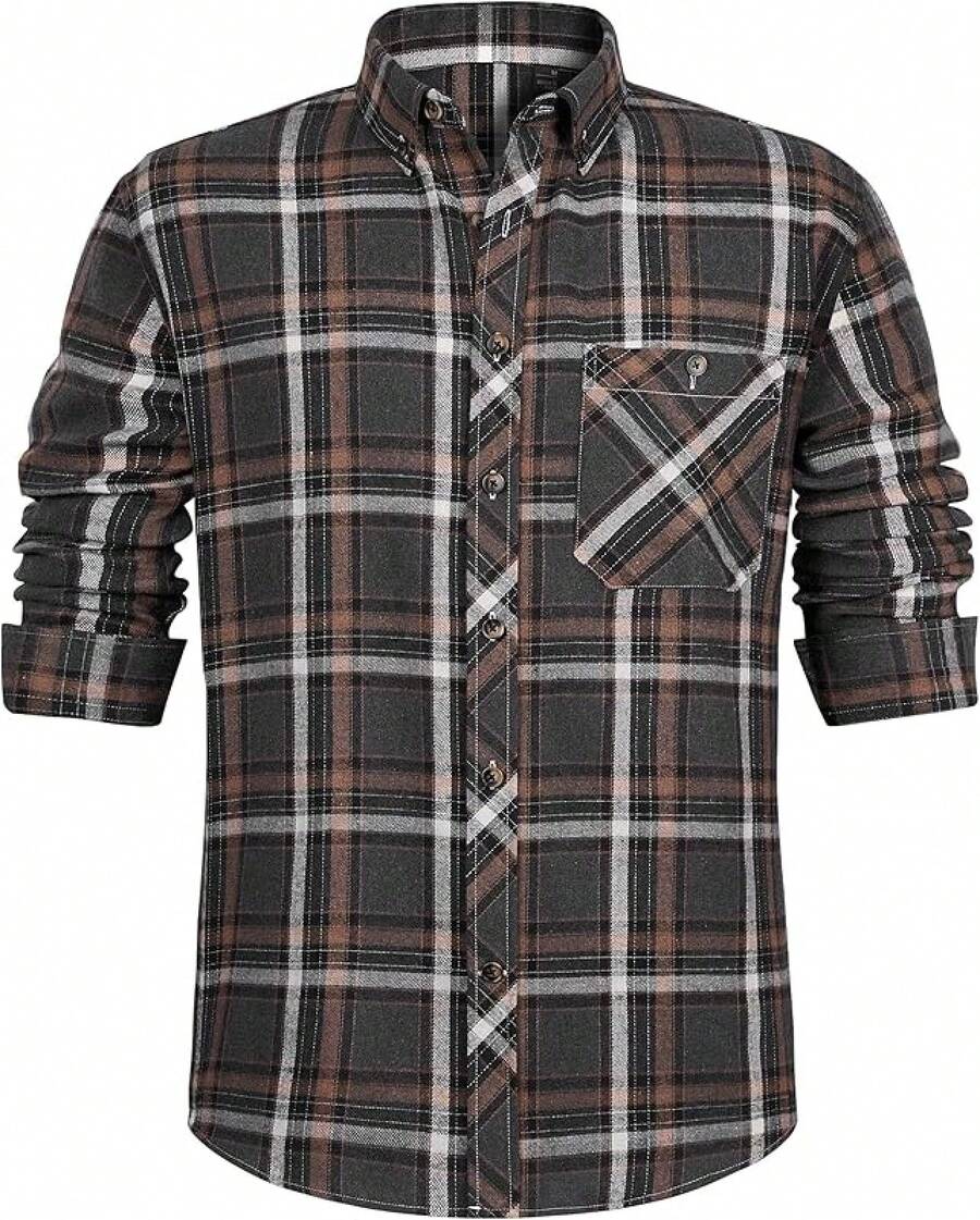 Mens Flannel Shirts Long Sleeve Dress Shirts For Men Casual Button Down Big And Tall Button Up Shirt - Kẻ caro nâu xám - Xem 1