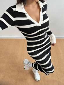 New Elegant Turndown Collar Long Sleeve Striped Knit Dress