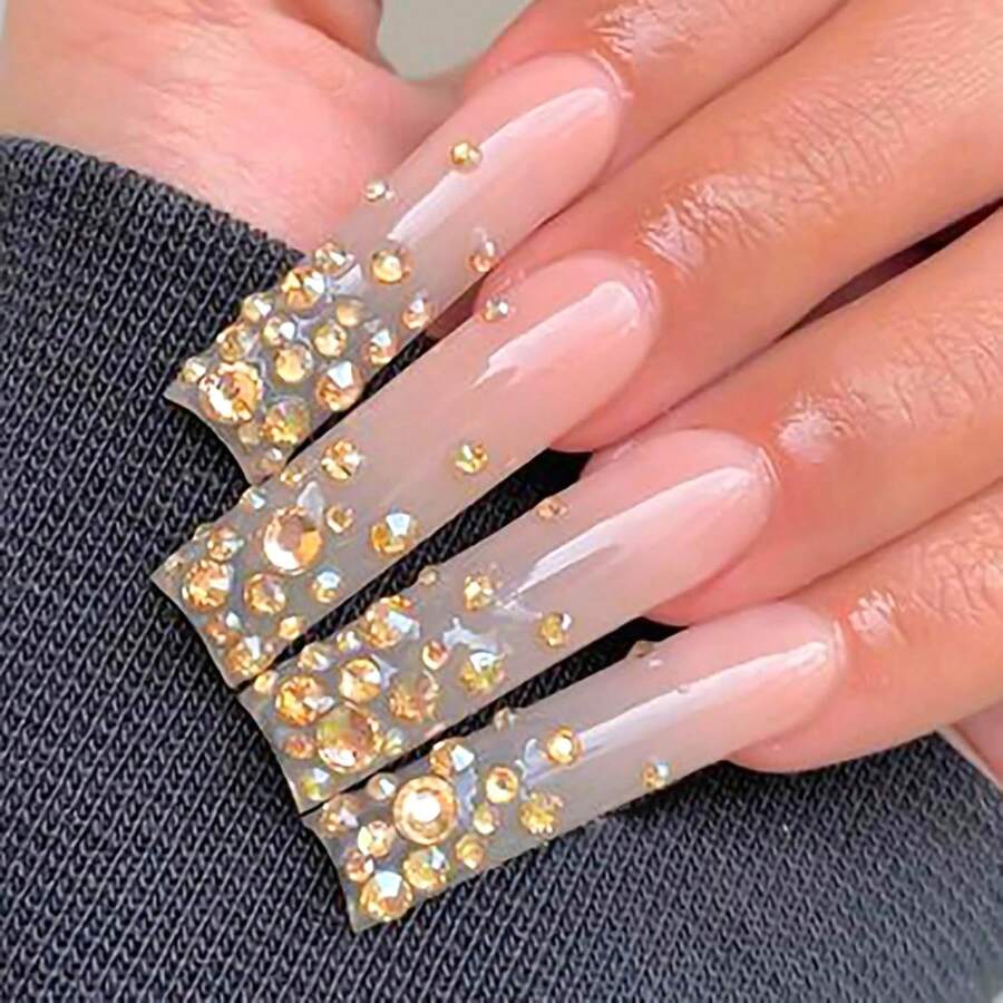 24 uñas postizas doradas con diseños artificiales brillantes, uñas largas de aplicación, con cristales 3D - Estilo largo-C5C16 - Ver 1