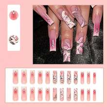 Long Square Press-On Nails - Pink Ombre, White French Tip Glitter Artificial Nails With Sun Moon Designs - 24 Cute, Glossy Glue-On Sets - 長款-C5C17 - 查看 5
