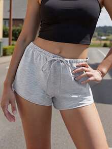 Women's Summer Drawstring Shorts Solid Color Low Waist Casual Breathable Short Pants - Grey - View 5