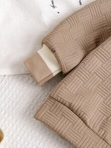 Bhchntiy 2pcs Baby Boy Autumn/Winter New Patchwork Ribbed Polo Collar Jacquard Fabric Solid Color Sweatshirt And Solid Color Jacquard Fabric Pants Casual Fashion Set - Khaki - View 7