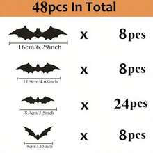 Set de 48 pegatinas de murciélagos 3D de PVC negro - Suministros para fiestas de Halloween, pegatinas de murciélagos de terror adhesivas, adecuadas para decoración del hogar, bar, dormitorio - Decoración de fiesta, decoración de jubilación, decoración de Halloween