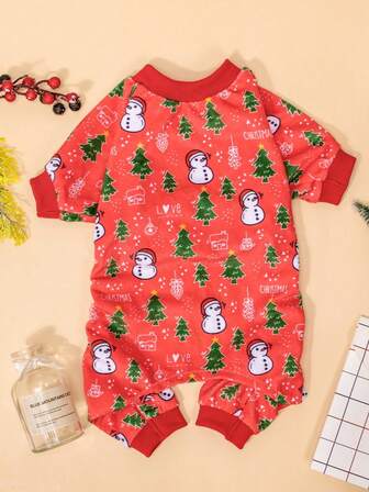 1pc חג המולד איש שלג עץ חג המולד חיות מחמד פיג'מה על ארבע רגליים, כלב וחתול סתיו וחורף בגדים חמים, שמלת חג חמודה בגדי בית חיות מחמד חג המולד תחפושות