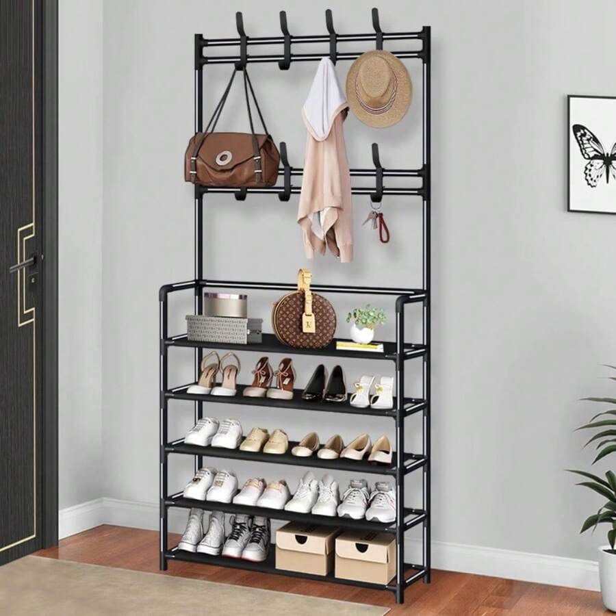 Integrated With Minimalist Metal Hallway Coat Rack, Multifunctional And Simple Shoe Rack For Storage - 黑色 - 查看 1