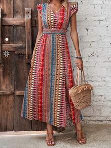 Women Summer Side Split Dress Flying Sleeve V Neck Pattern Print Dress For Party Club - 紅色 - 查看 3