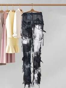 Women Tie Dye Pants Distressed Flared Leggings Pants Casual Tassels Bell Bottoms Bootcut Hip Hop Trousers For Streetwear - 黑色 - 查看 2