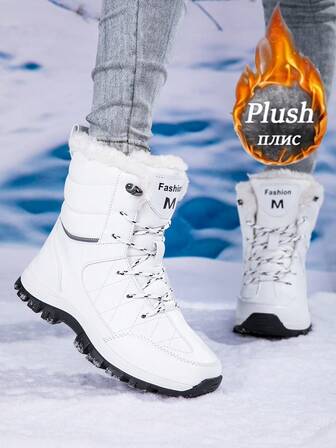 1 par vintersnökängor för dam, termofodrade tjocka höga snöskor, halkfria skidpjäxor för utomhusbruk, höga korta kängor för höst/vinter, varmt innerfoder, lämpliga för snöiga resor, svart, storlek 35-42