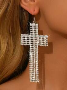 Funkelnde Krallenkette Schmuck, glamouröser Partystil Kreuz Anhänger Ohrringe, übertrieben große Tropfen Ohrringe für Frauen