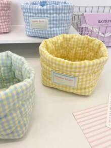 1pc Fresh Plaid Storage Basket, Desktop Miscellaneous Storage Basket, Waterproof Cosmetic Storage Basket, Brush And Skincare Storage And Organization, Desktop Decor, Cosmetic Storage Rack, Portable Picnic Basket, Valentine's Day Gift, Bathroom Storage, Skincare Storage, Home, Travel, Vacation And School Use, Toiletry Bag, Bedroom Essentials, Bridesmaid Gift, Mother's Gift, Birthday Gift, Gift For Friends And Teachers