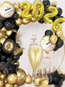 10pcs 2026 Happy New Year Balloons, 16 Inch Gold 2026 Number Shaped Balloons, Large Happy New Year Wine Bottle & Wine Glass Foil Balloons, Suitable For New Year Celebration Background Decor, Christmas Decoration