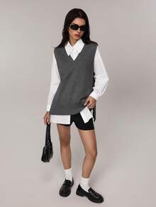 Spring & Autumn New V-Neck Solid Color Sleeveless Knit Vest, Paired With Retro Asymmetric Side Design, New Year Sweater Vest Top - Dark Grey - View 4