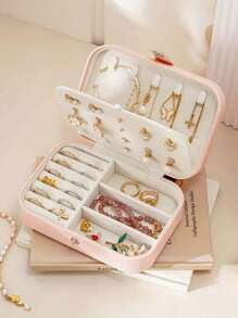 1pc Travel Double-Layer Jewelry Box, PU Leather Jewelry Storage Box, Snap Button Jewelry Storage Box, Jewelry Collection Box, Ring Storage Box, Pendant Storage Box, Earring Storage Box, Necklace Storage Box