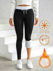 Leggings femininas com forro térmico e cordão, meia-calça térmica com listras laterais, calças de ioga quentes de cintura alta para o inverno, calças leggings térmicas de veludo grosso e elástico com forro térmico para o inverno, meia-calça elástica de cintura alta - Preto - Ver 2
