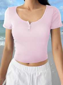T-shirt court à col rond ajusté de style Y2K pour femmes, couleur unie sexy. Convient pour la rentrée scolaire, les voyages à la plage et les tenues décontractées à la maison en été - Rose bonbon - Voir 5