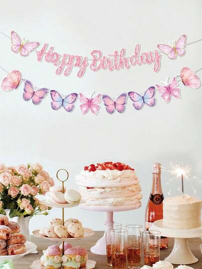 1Pc Butterfly Happy Birthday Banner,Birthday Party Background Flag Decoration Hanging Flag,Butterfly Birthday Party Decoration Home Decor, Back To School Valentine Day