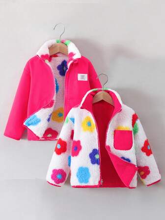 Girls' Warm & Soft Printed Fleece Reversible Zip-Up Stand Collar Long Sleeve Cardigan Jacket, Fashion Outerwear For Autumn/Winter