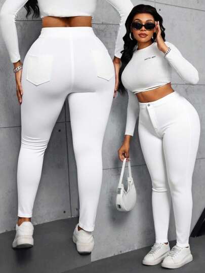 Pantalones Vaqueros casuales de moda de mezclilla elástica De Color Liso de talla grande, Jeans Ajustados blancos De Talla Grande Para Mujeres, Pantalón vaquero slim sencillo y versátil