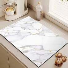 1pc White Marble Print Kitchen Counter Mat, Dish Drying Mat, Coffee Bar Mat, Soft Rubber Bottom Non-Slip Heat Resistant Drainage Mat, Highly Absorbent And Durable Tableware Drying Pad, Suitable For Kitchen, Dining Room, Patio Dining Table Decor, Kitchen Supplies
