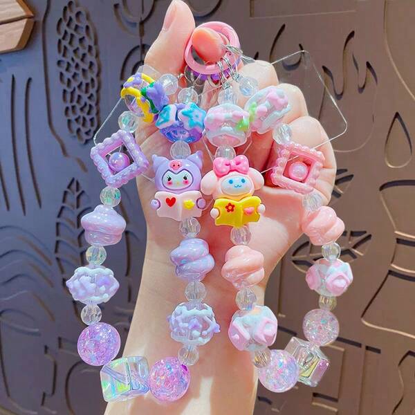 Sanrio 1pc Sanrio Kuromi Beaded Phone Strap, Keychain, Bag Charm, Creative Plush Doll Pendant, Suitable For Bag, Phone, Keychain Decoration