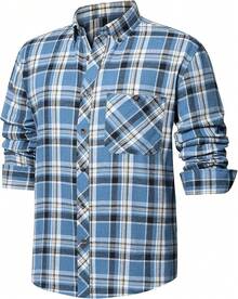 Mens Flannel Shirts Long Sleeve Dress Shirts For Men Casual Button Down Big And Tall Button Up Shirt - 藍白格子 - 查看 8