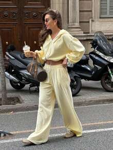 2 Stücke/Set Damen einfarbige Kapuzen-Sweatjacke und Jogginghose mit elastischem Bund, Regular Fit für Herbst und Winter