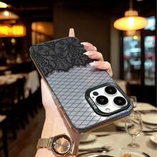 Black Floral Pattern Phone Case, Personalized Compatible With IPhone 16 Pro Max, 15/14 Plus, 13, 12, 11 Protective Cover - Black Frame Silver Gray - View 6