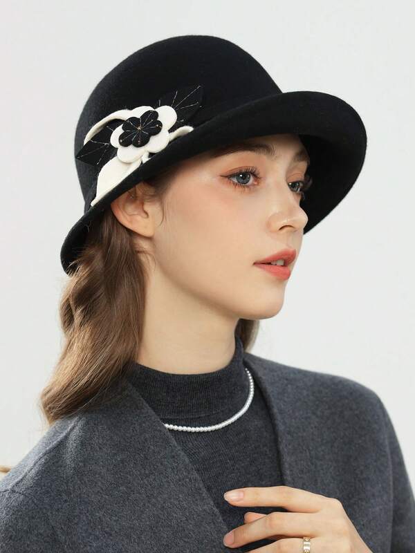 1pc Women's Round Top Small Hat, Elegant British Style Flower Decor Fashion Hat, Casual Wool Felt Hat For Autumn/Winter Top Hat